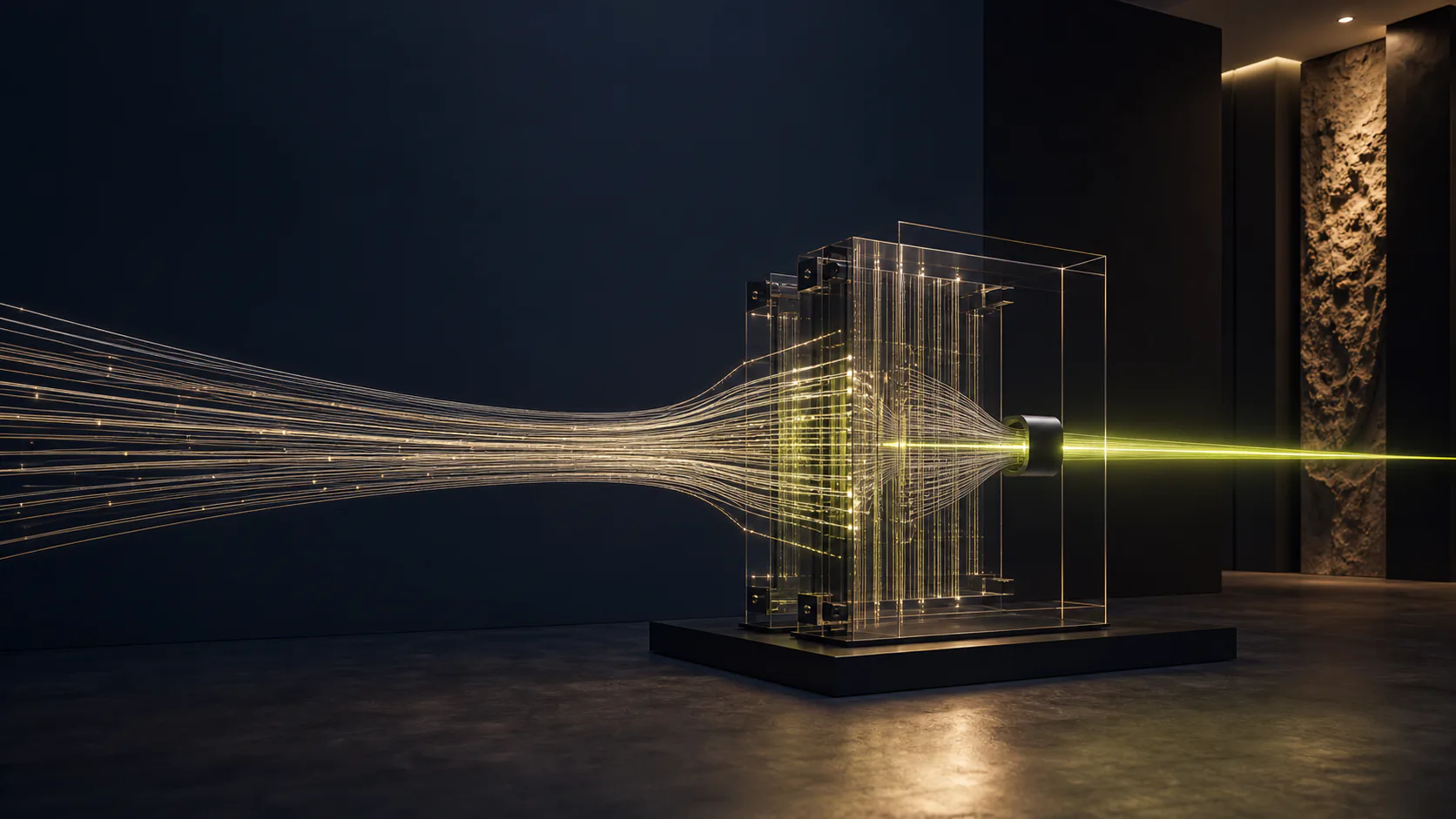 A sculptural AI signal engine turning many data threads into one focused direction